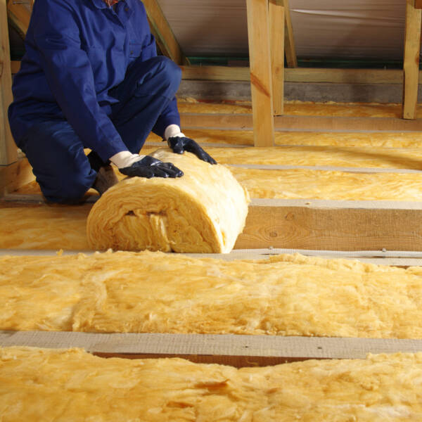 Construction worker thermally insulating house attic with glass wool